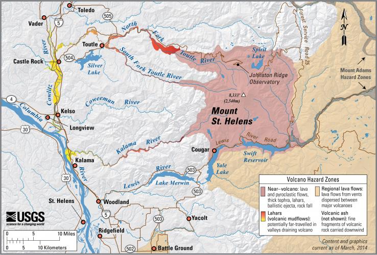 Carte simplifiée des risques pour le mont St. Helens